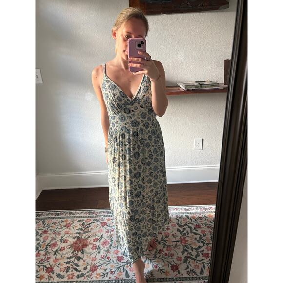 Japna Dresses & Skirts - Japna Floral Midi Dress Large 100% Viscose Blue Cream Boho Block Print V-Neck L